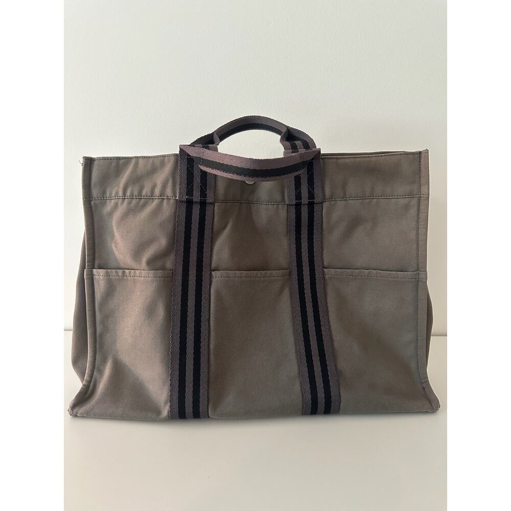 Hermès Herline Canvas Tote Bag Gray Striped Handles Authentic - Picture 3 of 10